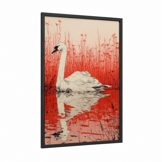 Crimson Swan framed art print — black wood frame — red and white palette