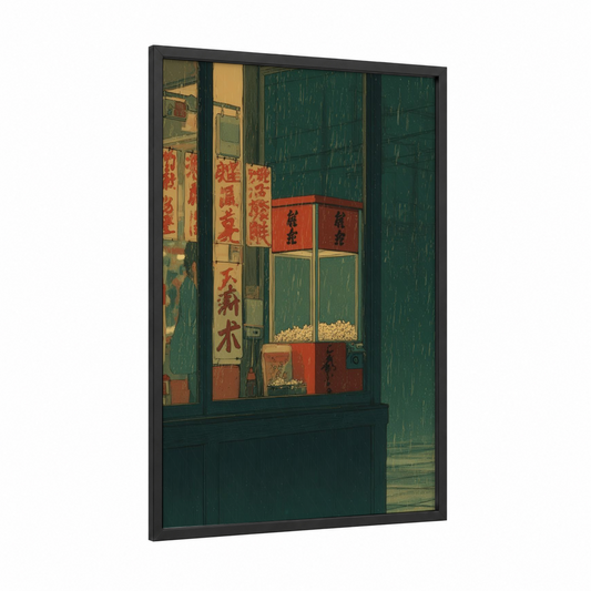 Vintage Popcorn Shop framed art print — black wood frame — dark green and red palette