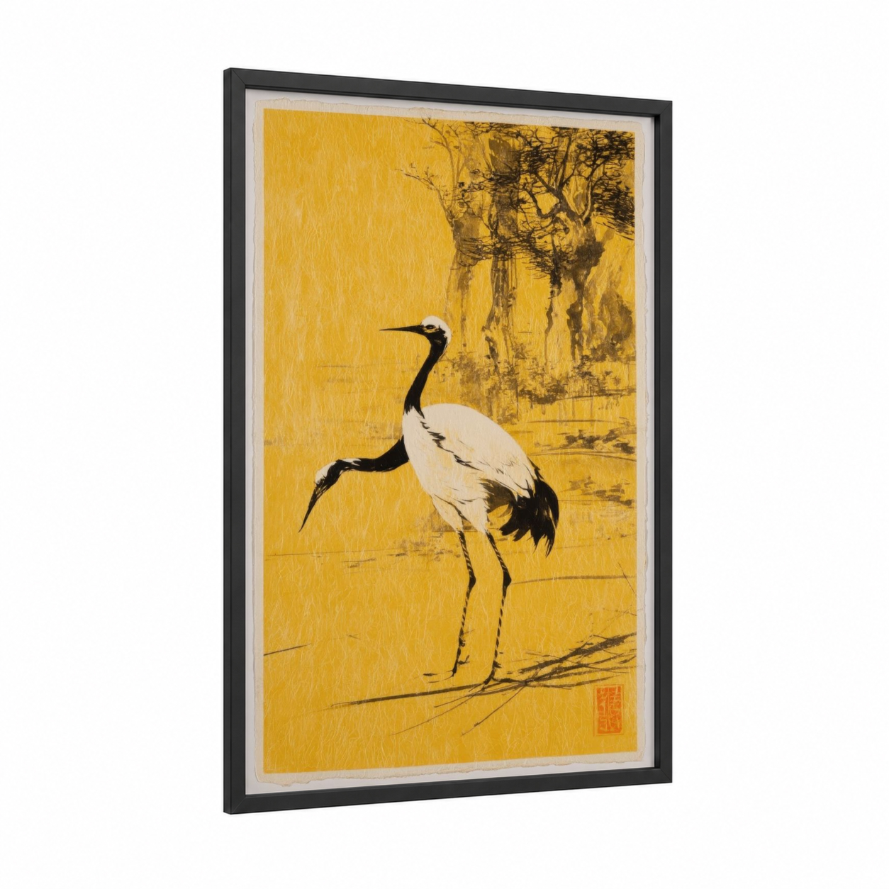 Golden Crane framed canaries print — black wood frame — yellow gold and black and white palette