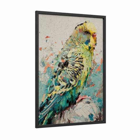 Yellow Budgerigar Portrait framed budgeridar print — black wood frame — yellow gold and teal palette
