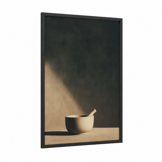 Minimalist Mortar framed kitchen utensils print — black wood frame — cream and dove gray palette