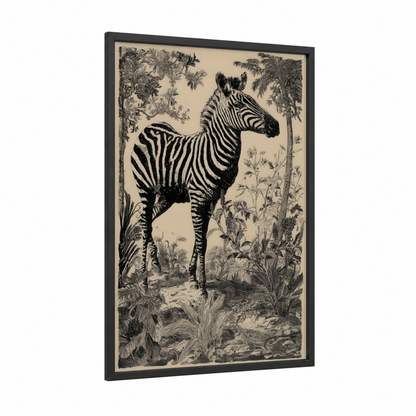 Botanical Zebra framed art print — black wood frame — black and white and cream palette