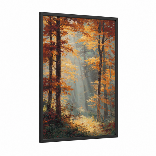 Misty Maple Forest framed art print — black wood frame — gold and russet palette