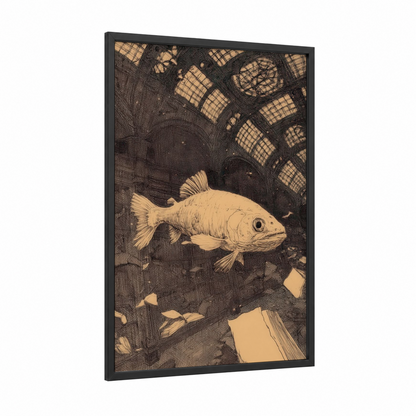 Caged Zebrafish framed art print — black wood frame — black and cream palette