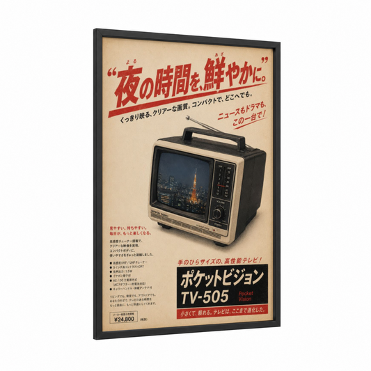 Vintage Japanese TV Advertisement Wall Art framed vintage japanese ads print — black wood frame — beige and red palette
