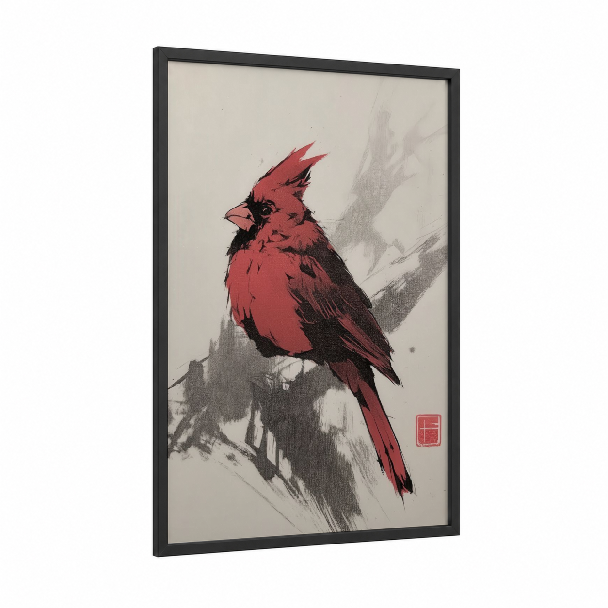 Crimson Cardinal Portrait framed art print — black wood frame — red and gray palette