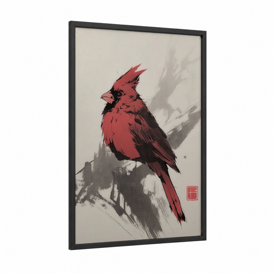Crimson Cardinal Portrait framed art print — black wood frame — red and gray palette