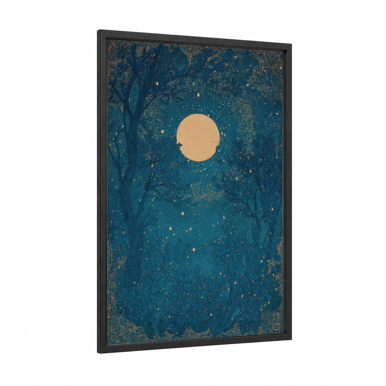 Moonlit Forest framed art print — black wood frame — dark blue and gold and white palette