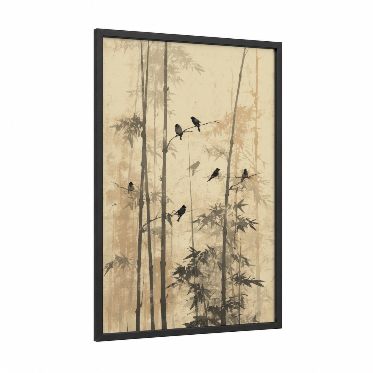Bamboo Forest Birds framed bamboo jungle print — black wood frame — cream and dove gray palette