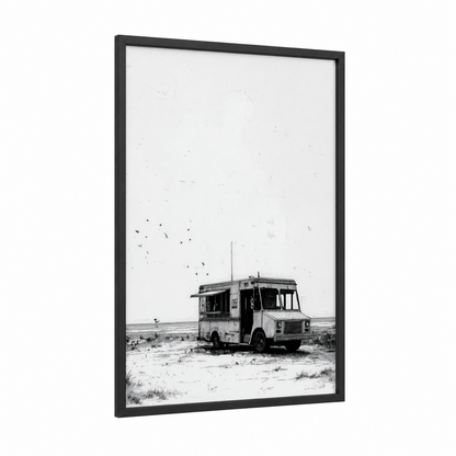 Abandoned Desert Truck framed art print — black wood frame — black and white palette