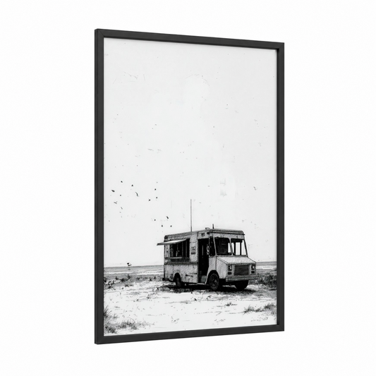 Abandoned Desert Truck framed art print — black wood frame — black and white palette