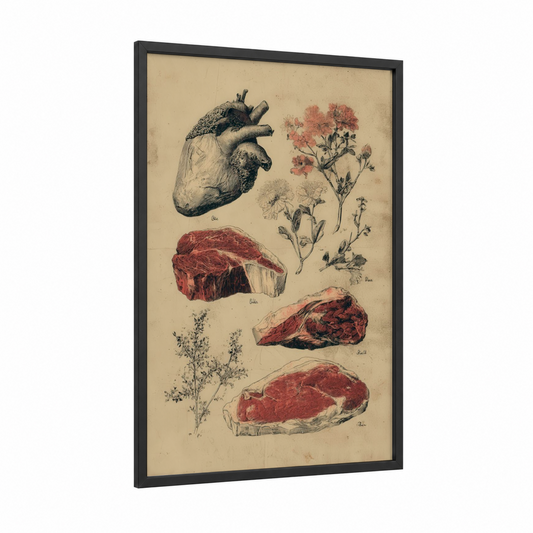 Anatomical Meat Study framed art print — black wood frame — beige and russet palette