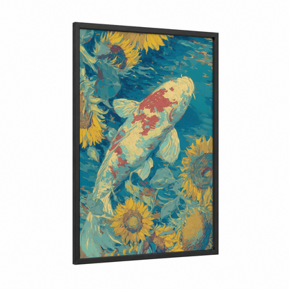 Sunflower Koi framed koi fish print — black wood frame — blue and gold palette