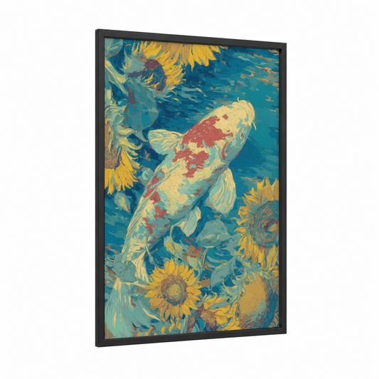Sunflower Koi framed koi fish print — black wood frame — blue and gold palette