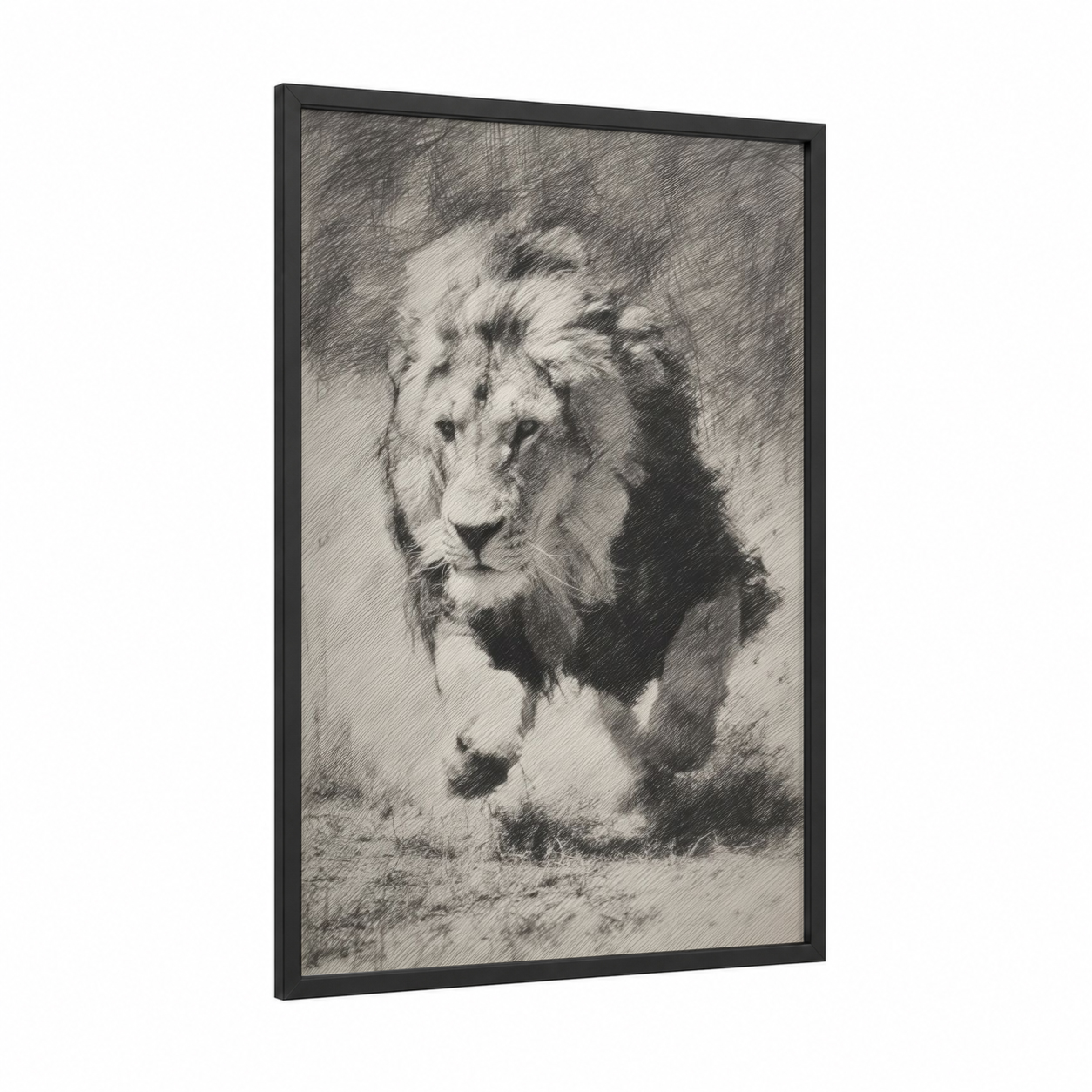 Majestic Lion Portrait framed art print — black wood frame — black and white and gray palette