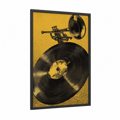 Golden Vinyl Spin framed vinyl records print — black wood frame — yellow gold and black and yellow palette