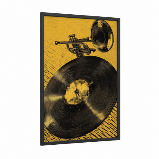 Golden Vinyl Spin framed vinyl records print — black wood frame — yellow gold and black and yellow palette
