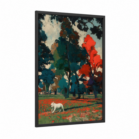 Poppy Field Bulldog framed art print — black wood frame — red and teal palette