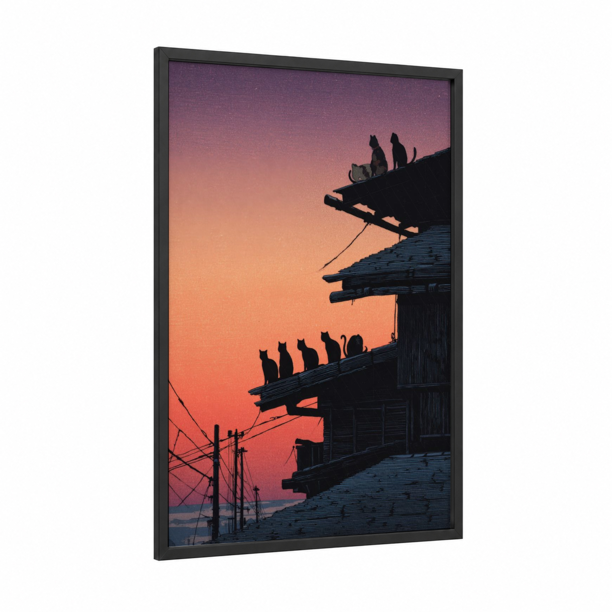 Sunset Cat Silhouettes framed art print — black wood frame — orange and pink palette