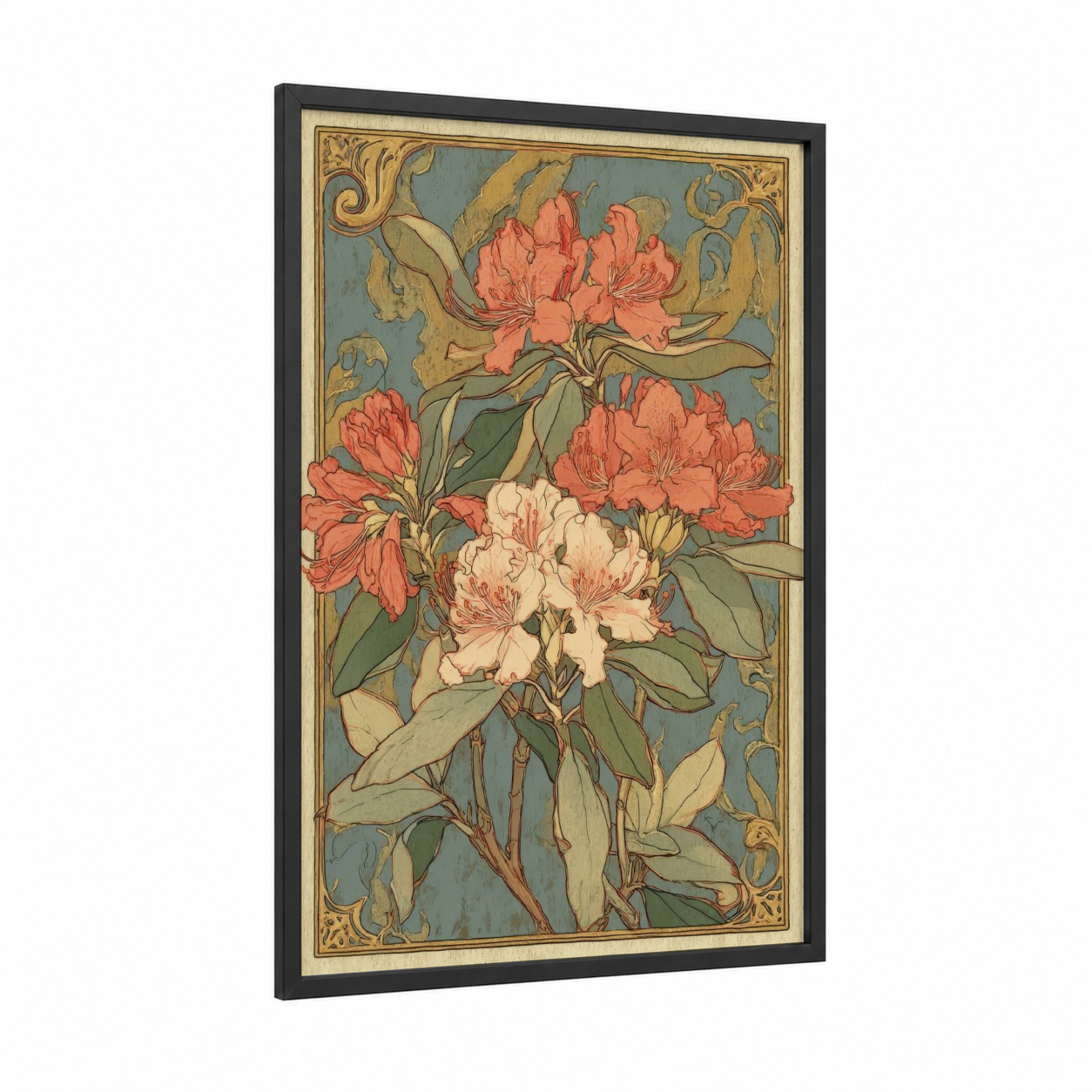 Rhododendron Flowers framed art print — black wood frame — salmon pink and sage green palette