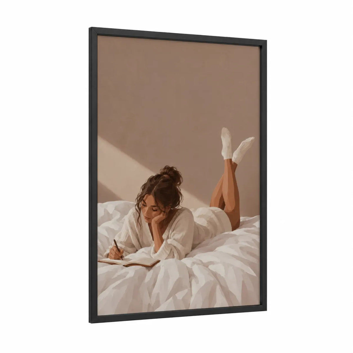 Woman Reading in Bed Wall Art framed art print — black wood frame — beige and cream palette