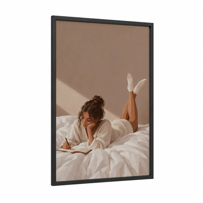 Woman Reading in Bed Wall Art framed art print — black wood frame — beige and cream palette