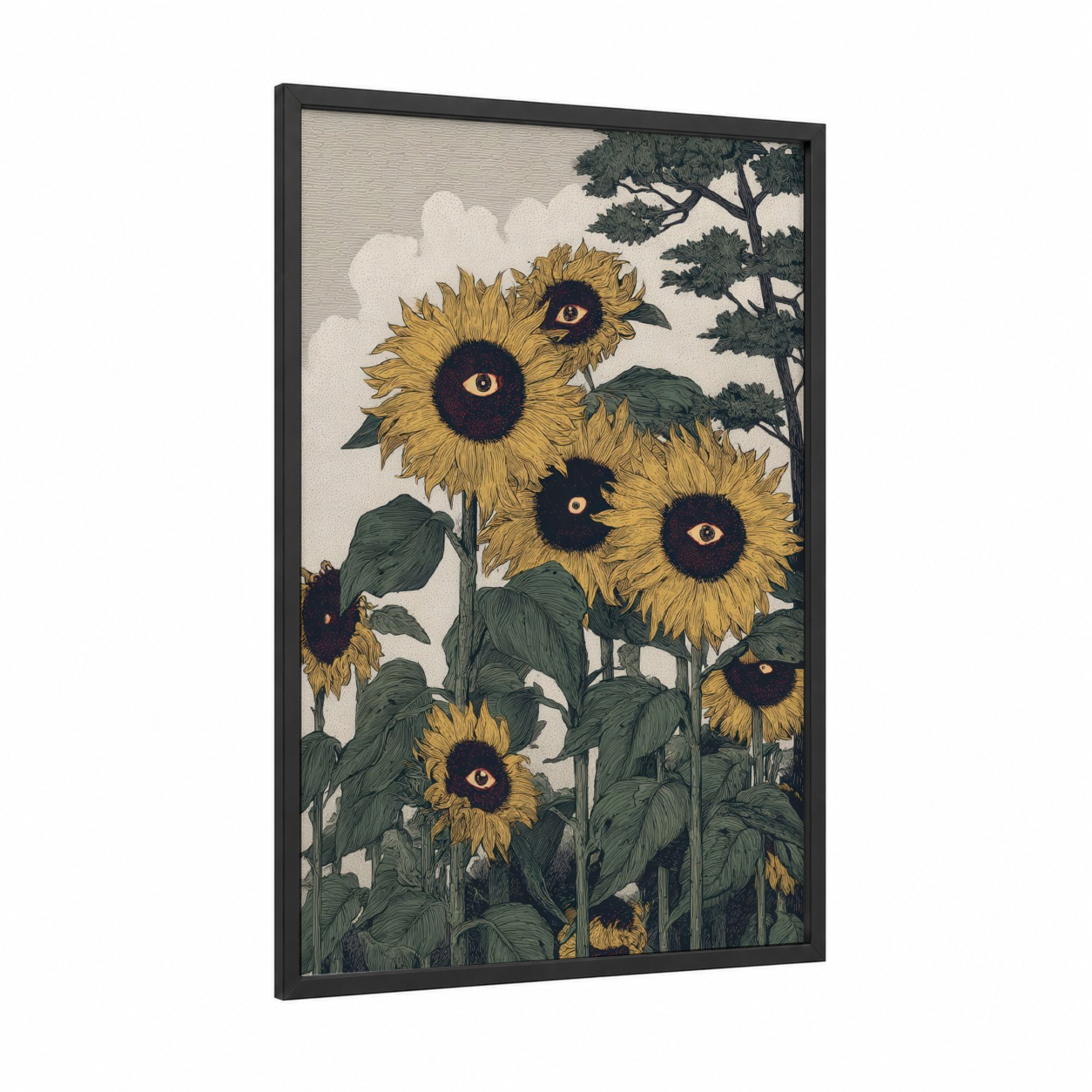 Golden Sunflower Field framed art print — black wood frame — yellow gold and dark green palette