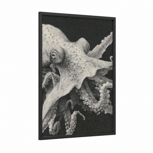 Deep Sea Squid framed art print — black wood frame — black and white palette