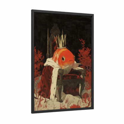 Regal Goldfish framed art print — black wood frame — red and gold palette