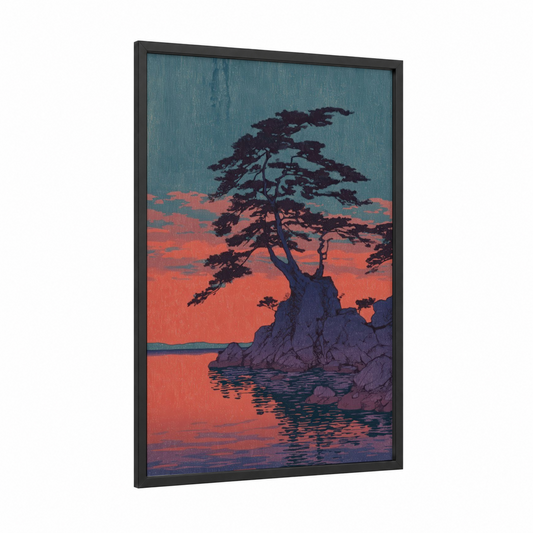 Coastal Cypress Sunset framed cypress tree print — black wood frame — orange and teal palette