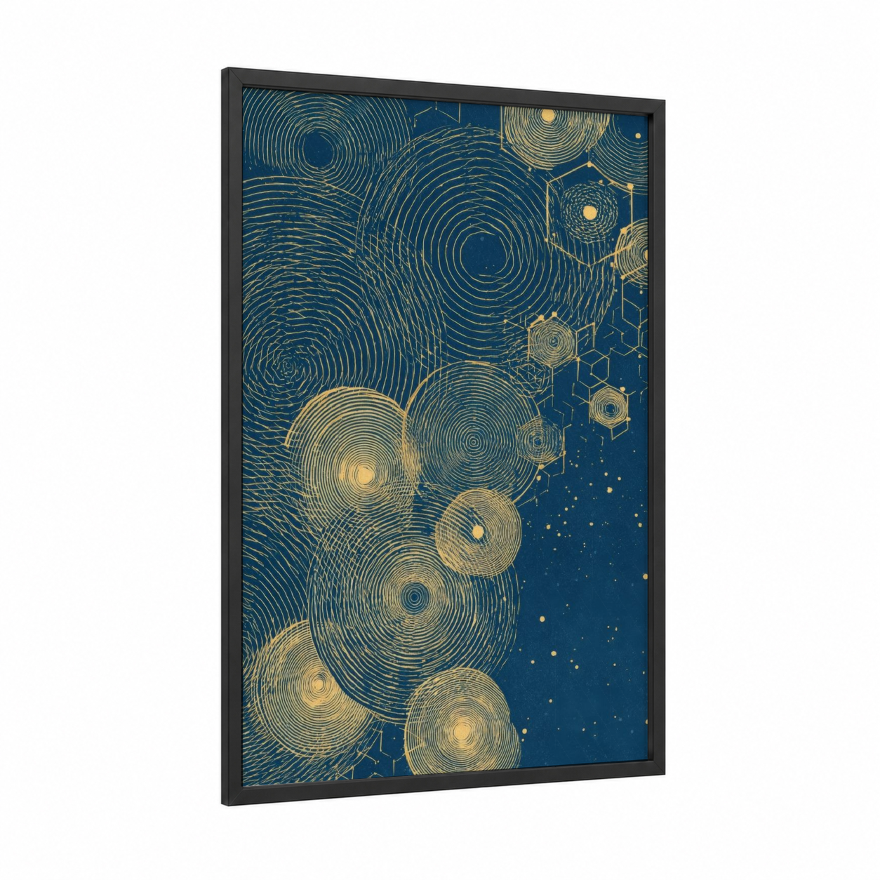 Cosmic Circles framed abstract geometric print — black wood frame — dark blue and gold palette
