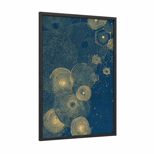 Cosmic Circles framed abstract geometric print — black wood frame — dark blue and gold palette