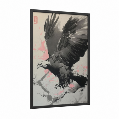 Rising Eagle framed art print — black wood frame — black and pink palette