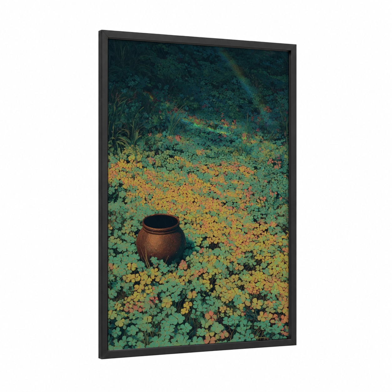 Pot of Gold framed st. patrick's day print — black wood frame — true green and yellow gold palette