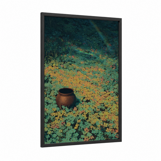 Pot of Gold framed st. patrick's day print — black wood frame — true green and yellow gold palette