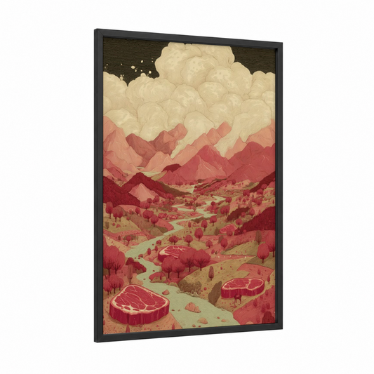 Surreal Meat Landscape framed art print — black wood frame — rose gold and cream palette