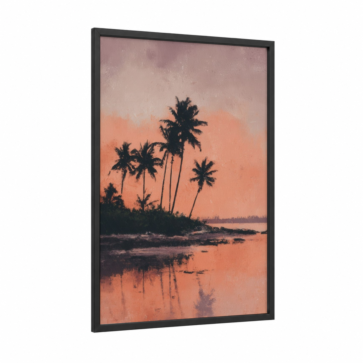 Tropical Sunset Palms framed beach sunrise and sunsets print — black wood frame — peach and orange palette