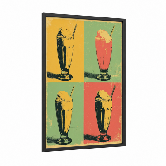 Vibrant Milkshake Pop framed art print — black wood frame — yellow gold and red palette