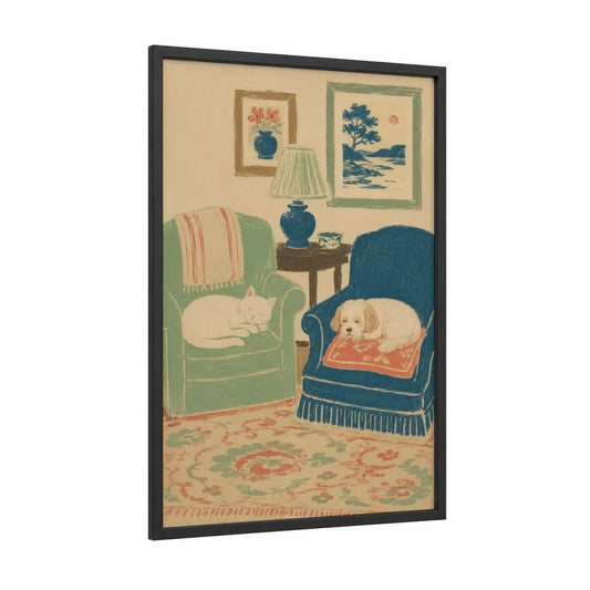 Cozy Living Room With Pets Wall Art framed cat print — black wood frame — cream and sage green palette