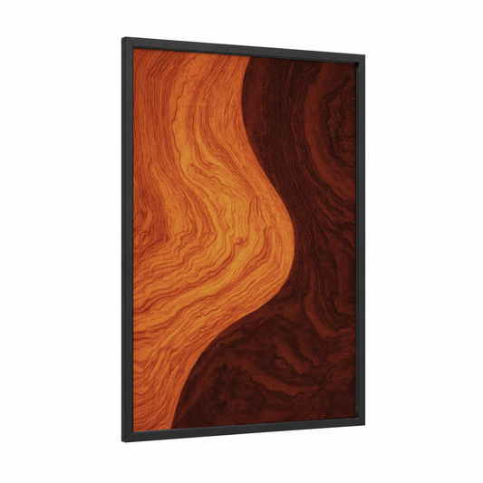 Golden Acoustic Guitar framed art print — black wood frame — orange and maroon palette