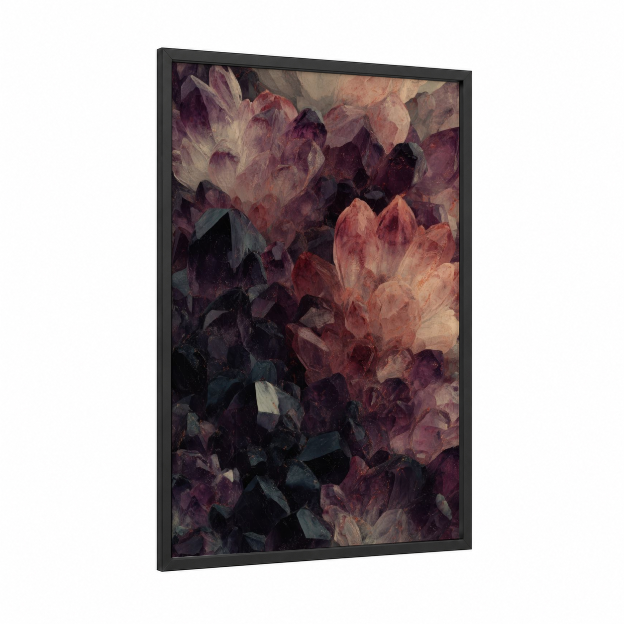 Crystalline Geodes framed natural stones print — black wood frame — magenta and gray palette