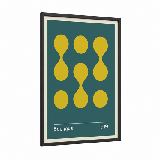 Bauhaus Circles framed abstract geometric print — black wood frame — yellow gold and dark green palette