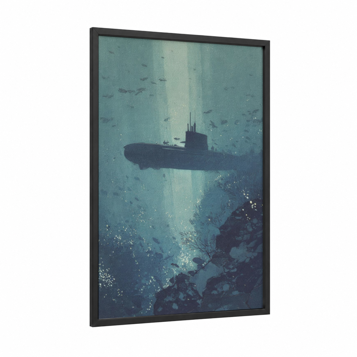 Deep Ocean Submarine framed art print — black wood frame — teal and blue and gray palette