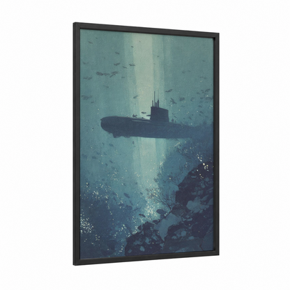 Deep Ocean Submarine framed art print — black wood frame — teal and blue and gray palette