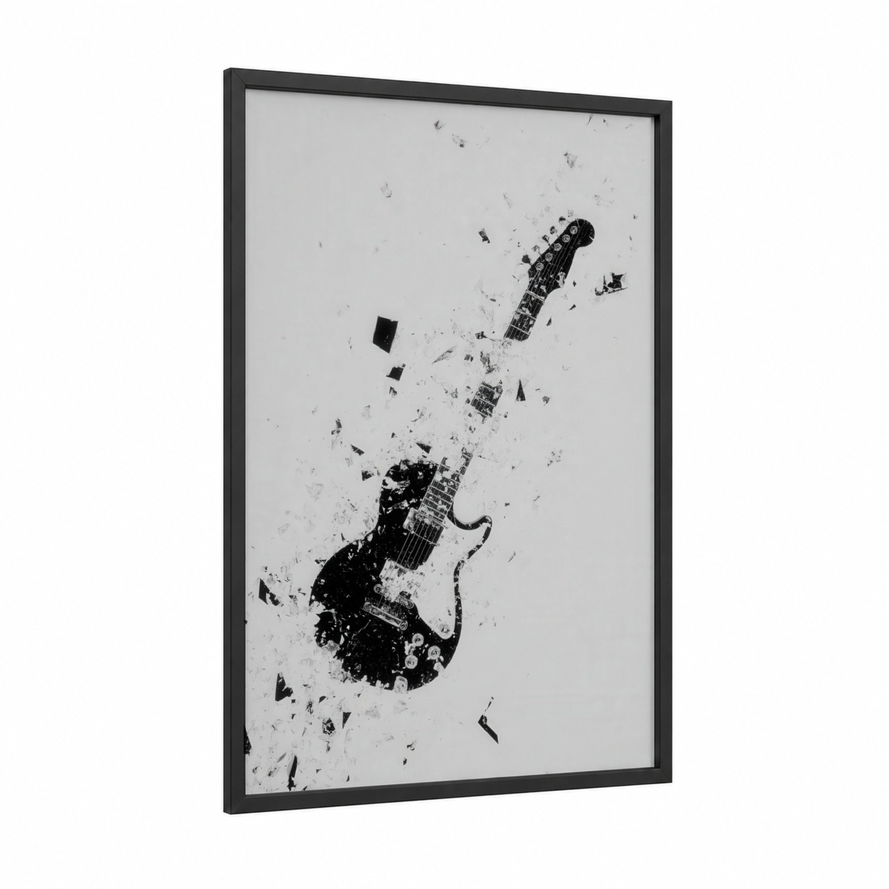 Shattered Electric Guitar framed art print — black wood frame — black and white palette