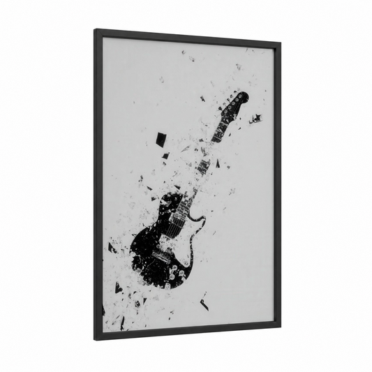 Shattered Electric Guitar framed art print — black wood frame — black and white palette