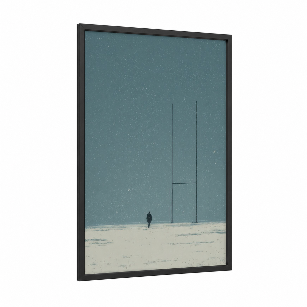 Solitary Rugby Field framed art print — black wood frame — teal and white palette
