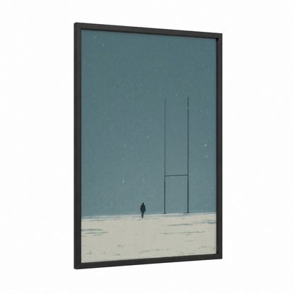 Solitary Rugby Field framed art print — black wood frame — teal and white palette