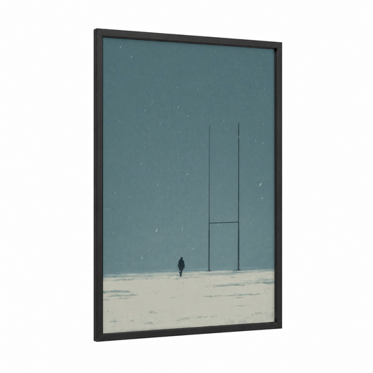 Solitary Rugby Field framed art print — black wood frame — teal and white palette