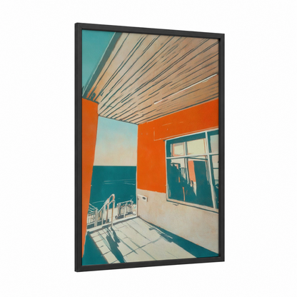 Geometric Modernism framed abstract architecture print — black wood frame — orange and teal palette